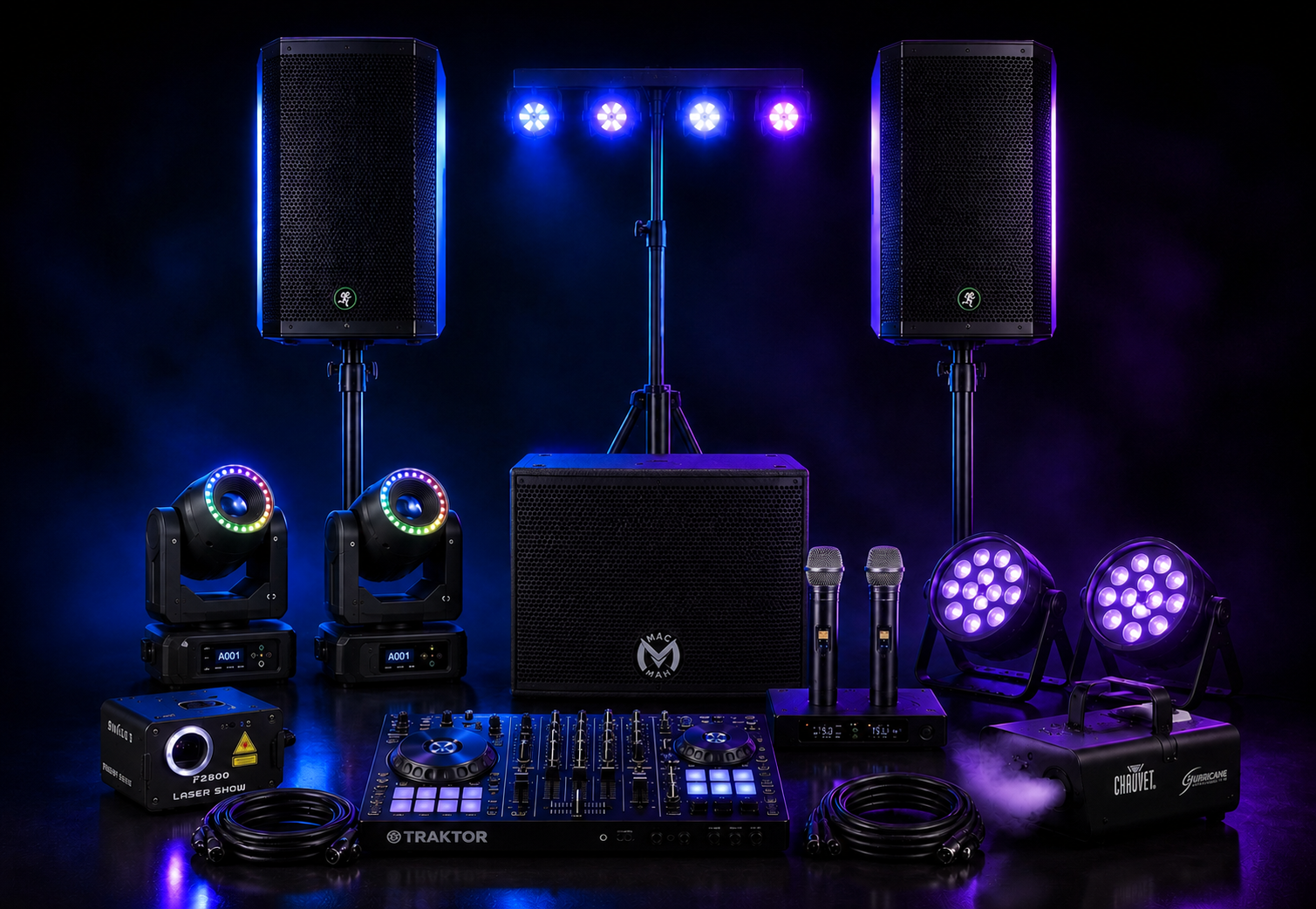 Enceintes Mackie, caisson de basse Mac-Ma, barre LED Varytec, lyres, machine à fumée et laser installés pour une soirée